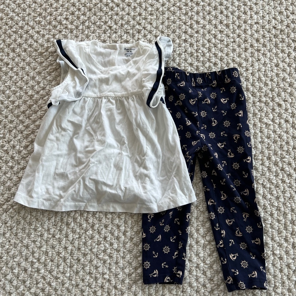 Ralph Lauren White Ruffle Top and Navy Nautical Leggings Size 18mos